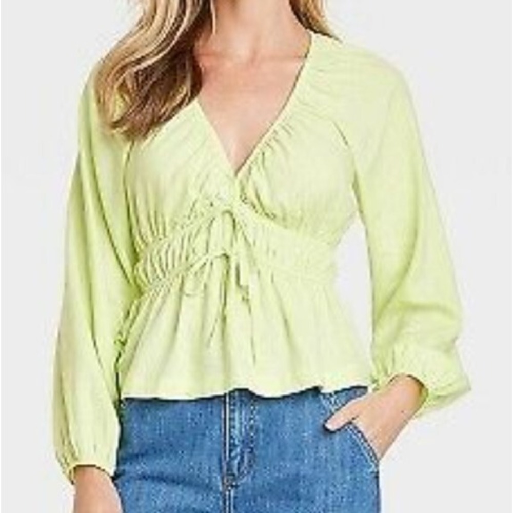 Women's Puff Long Sleeve Tie-Front Blouse - Universal Thread light green sz L